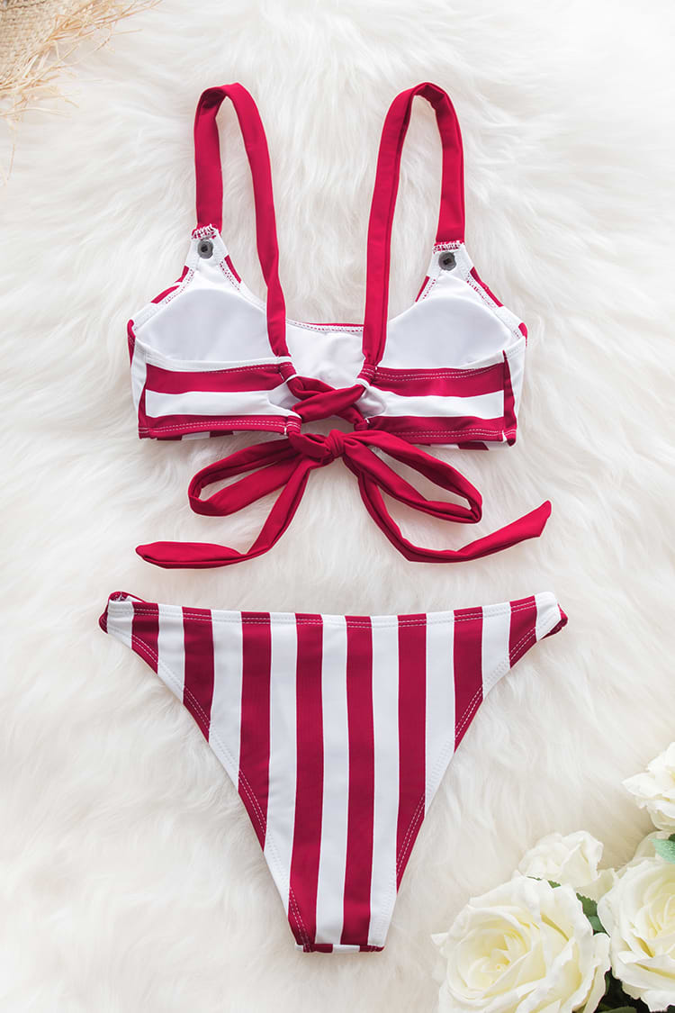 Red and White Stripe Buttoned Bikini 222