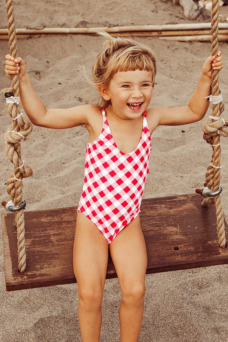Gingham Bowknot One Piece Swimsuit For Toddler Girls and Girls