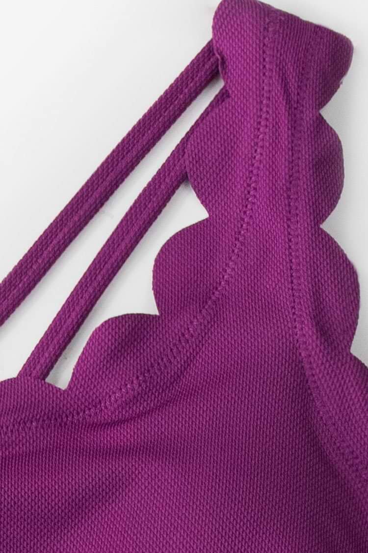 Purple And Floral One Shoulder Scalloped Bikini