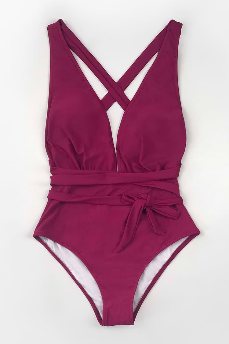 Red Deep V-neck One Piece Swimsuit