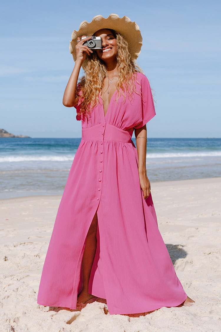 Johanna bbbb Front Button V-neck Ruching Maxi SWIM A Dress