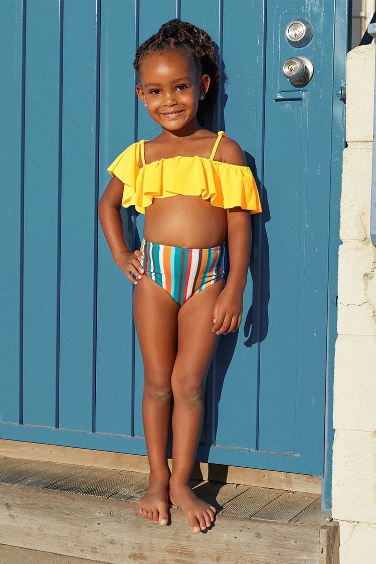 Salma Off Shoulder Ruffle Striped Bikini For Toddler Girls And Girls