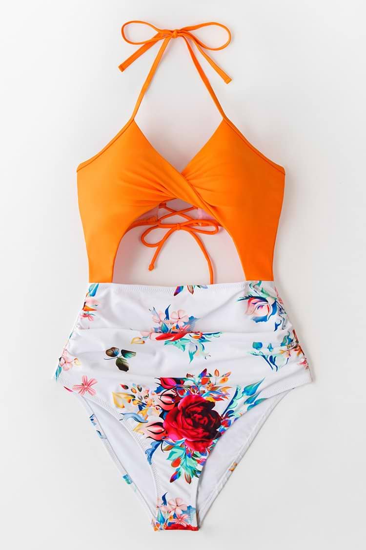 Orange Floral Lace-up Halter One Piece Swimsuit