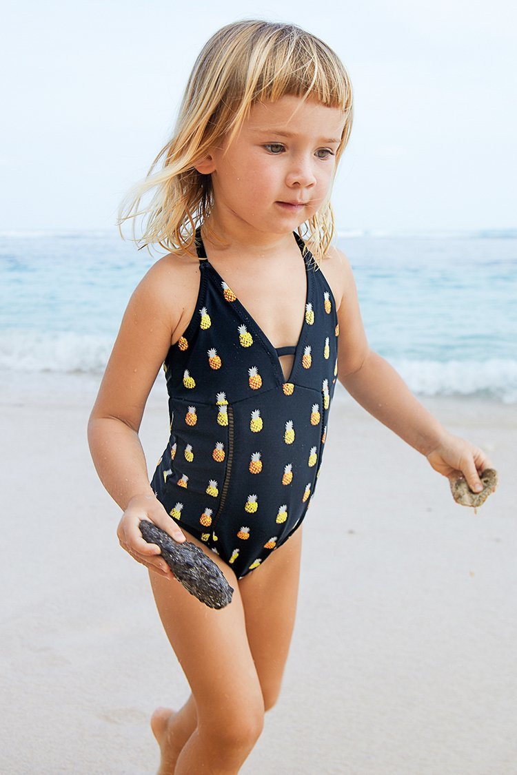 Black Pineapple Printed One Piece Swimsuit for Toddler Girls and Girls