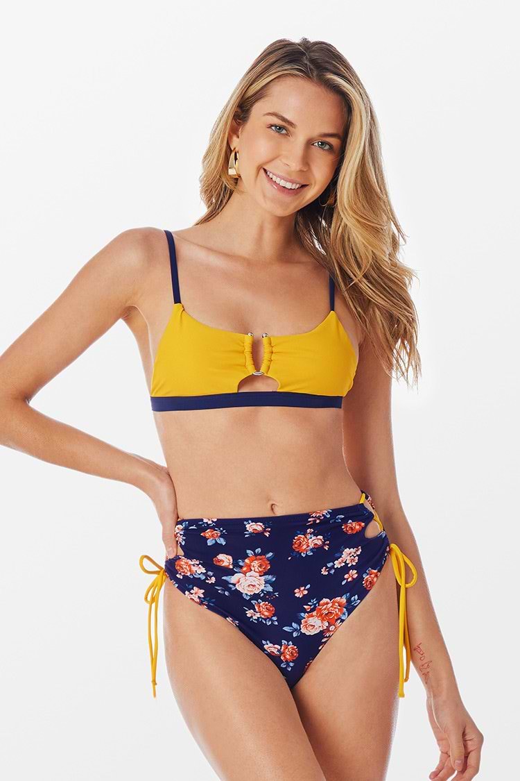 Colorblock Floral High Waisted Bikini