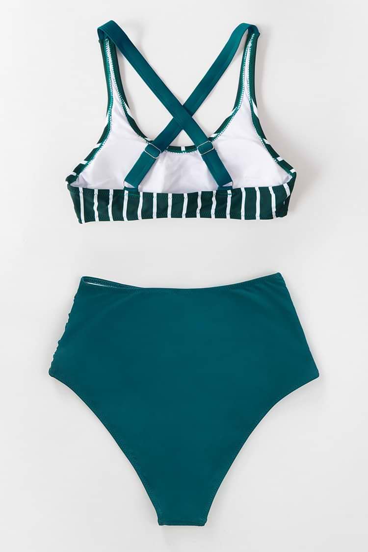 Teal And White Striped High Waisted Bikini