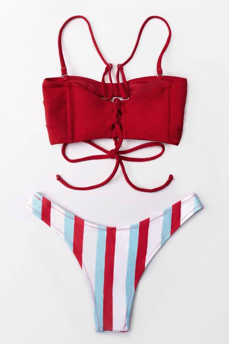 Red and Stripe Cutout Bandeau Bikini
