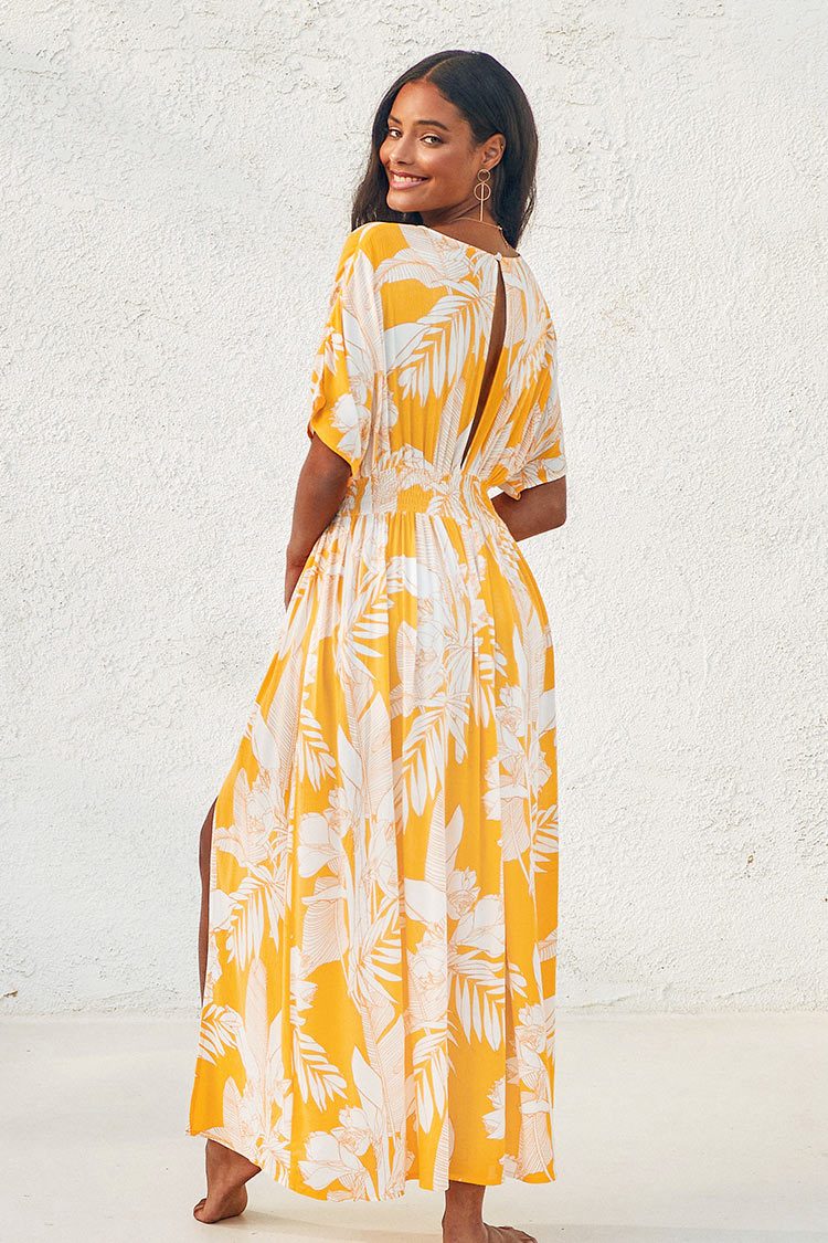 Selena Yellow Floral V-neck Midi Dress