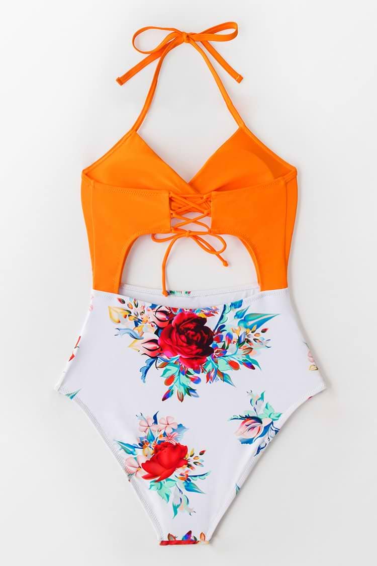 Orange Floral Lace-up Halter One Piece Swimsuit