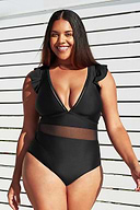 Ruffle Plunge V Neck Plus Size One Piece Swimsuit