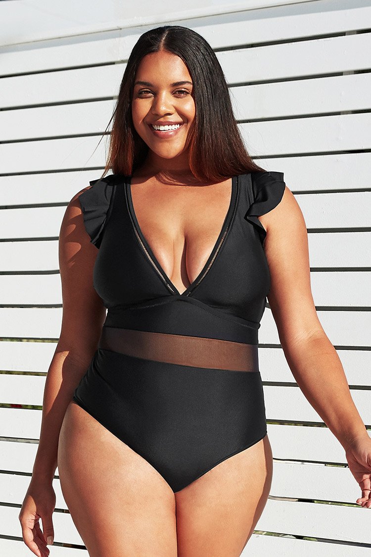 Ruffle Plunge V Neck Plus Size One Piece Swimsuit