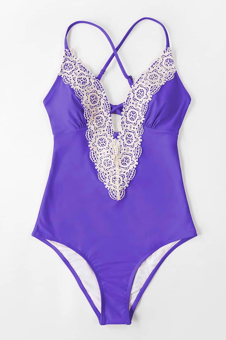 Meilani Purple Plunge Neck Crisscross One Piece Swimsuit