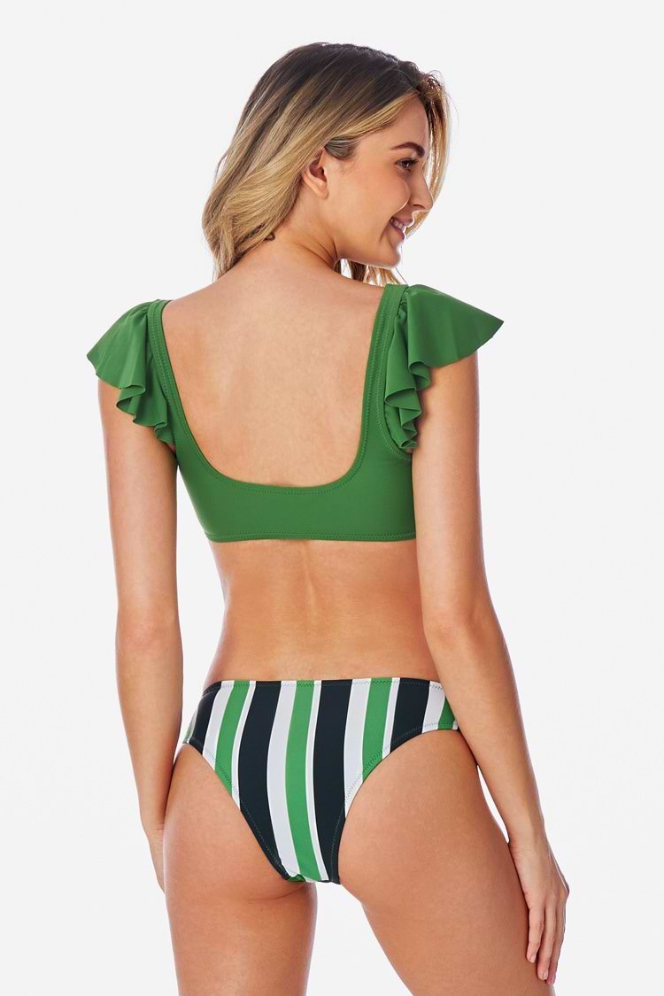 Green Ruffle and Striped V-Neck Bikini