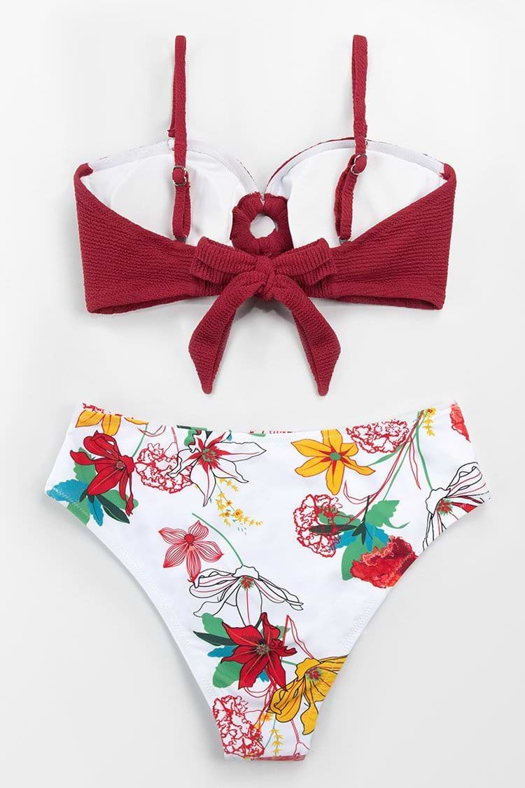 Red And Floral O-Ring High Waisted Bikini