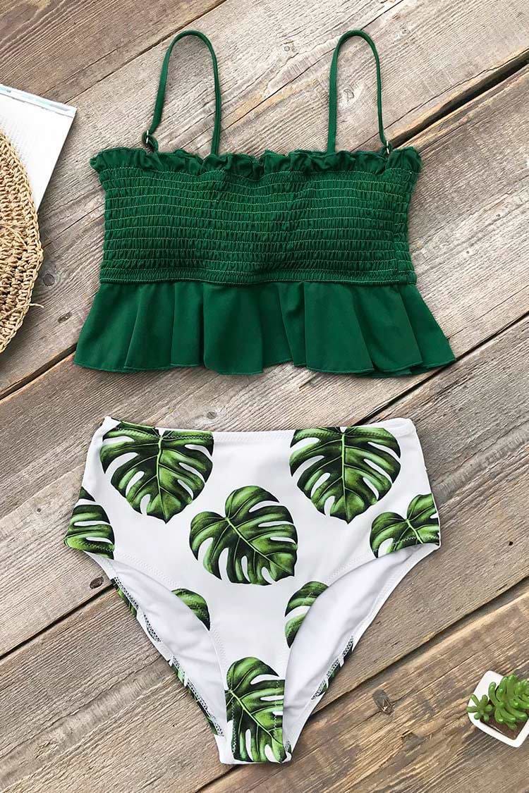 Smocked Green and Monstera High Waisted Bikini