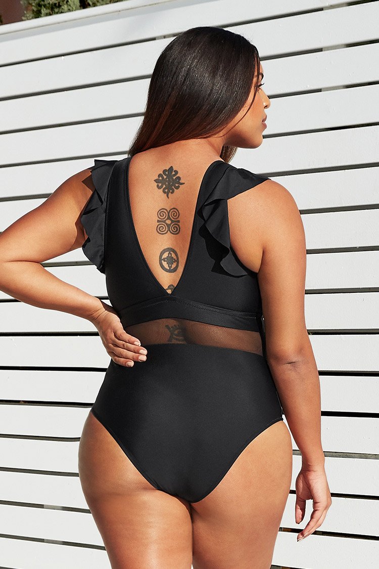 Ruffle Plunge V Neck Plus Size One Piece Swimsuit