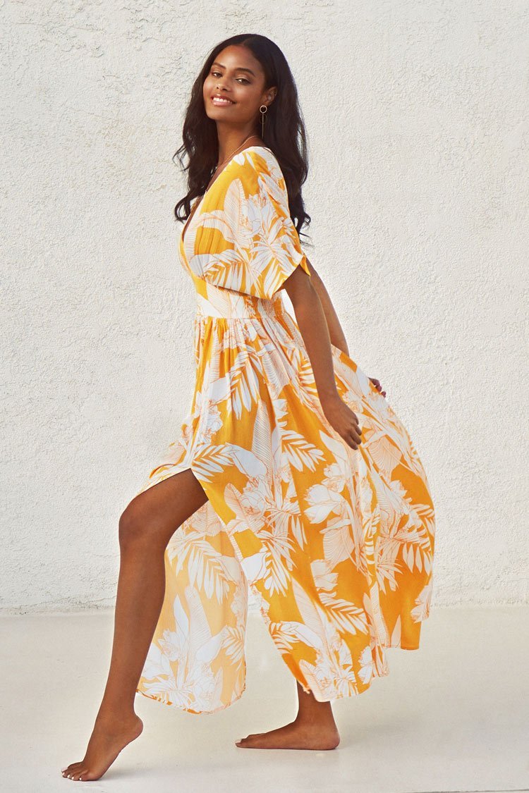Selena Yellow Floral V-neck Midi Dress