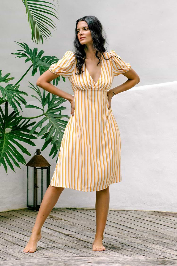 Aubrielle Yellow Striped Tie Back Dress
