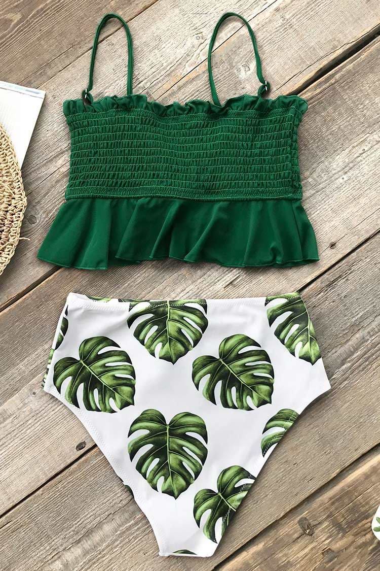 Smocked Green and Monstera High Waisted Bikini
