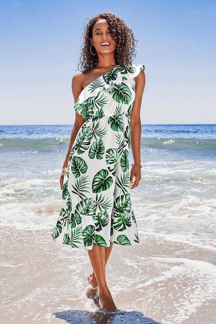 Robe asymétrique à volants imprimé tropical