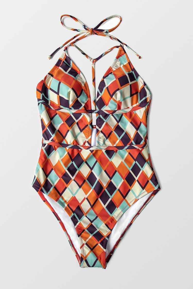 Geometric Print Plunging Neckline One Piece Swimsuit
