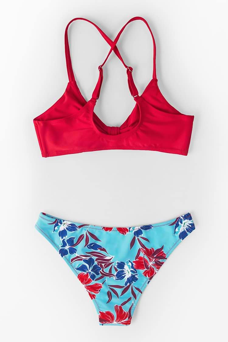 Red and Floral Print Low Waisted Bikini