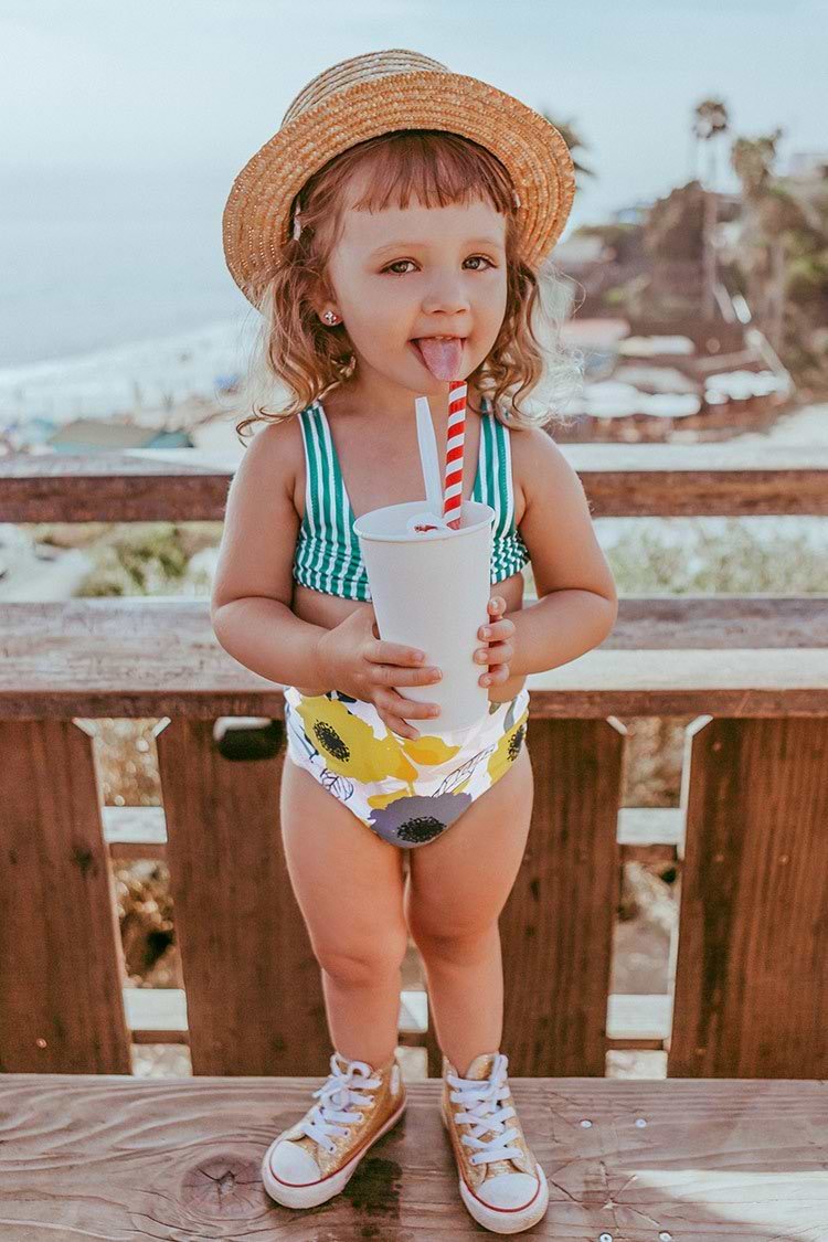 Aqua Striped and Floral One Piece Swimsuit For Toddler Girls and Girls