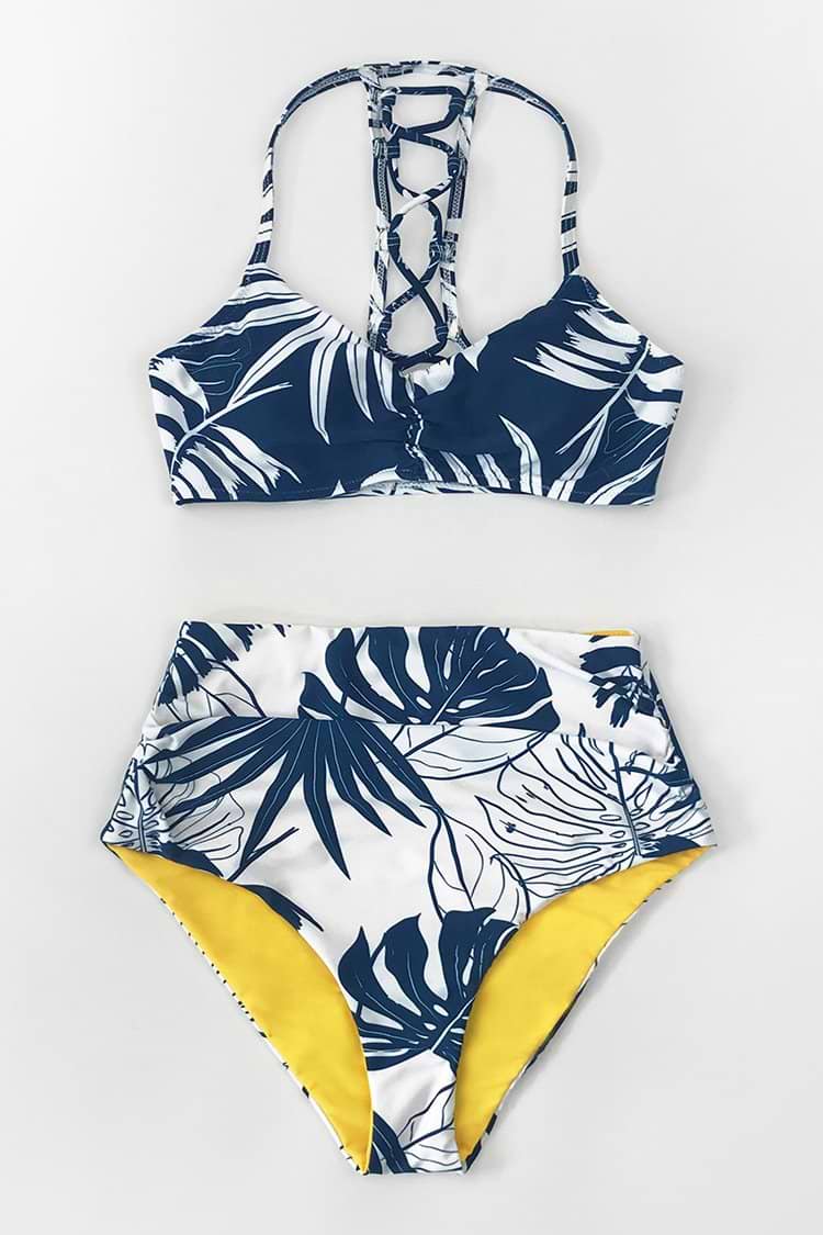 Blue and White Leafy High Waisted Bikini