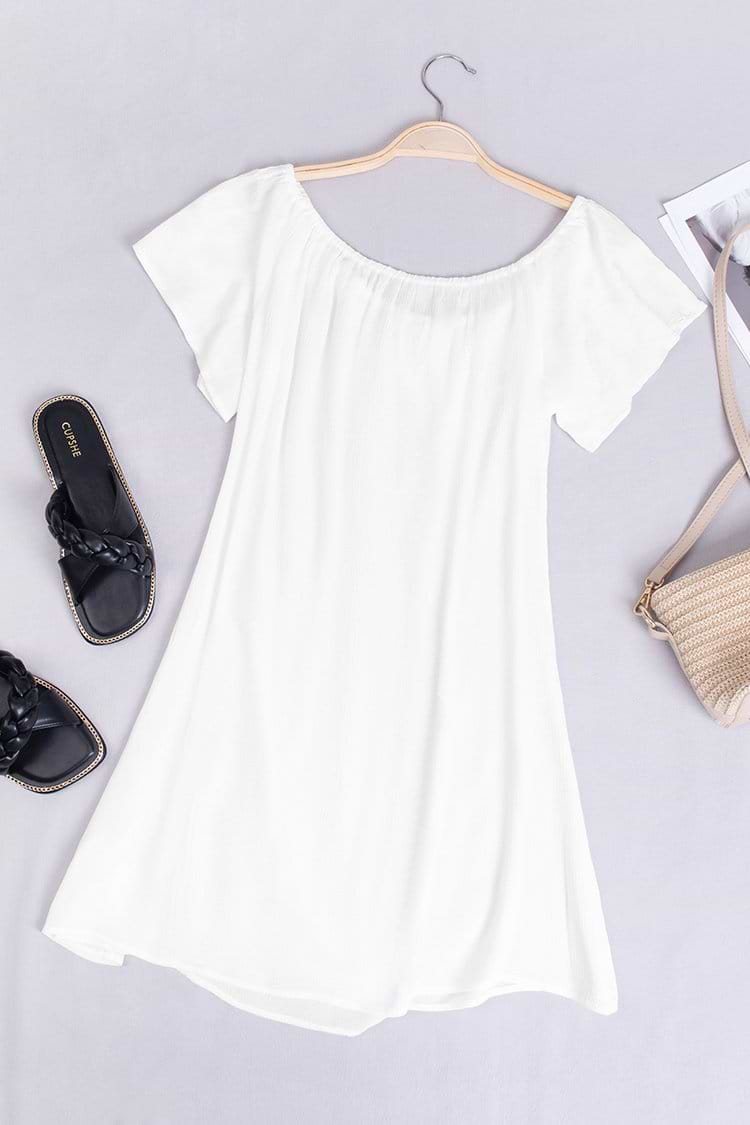 Paloma White Off Shoulder Drawstring Dress