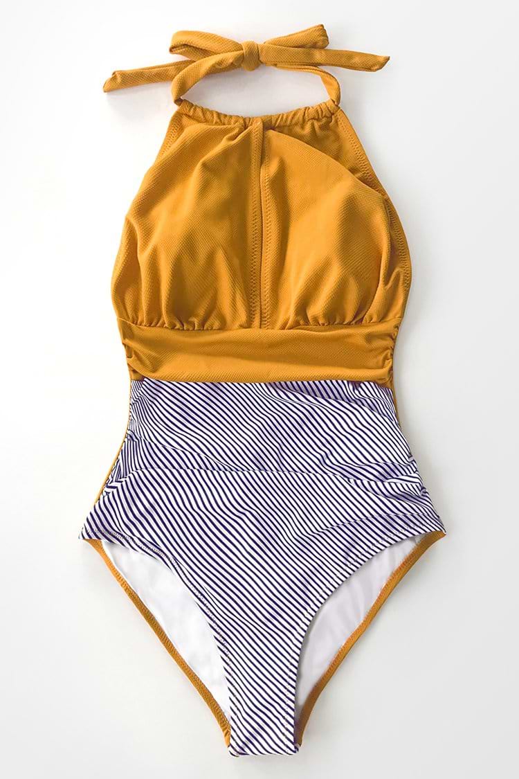 Textured and Striped Halter One Piece Swimsuit