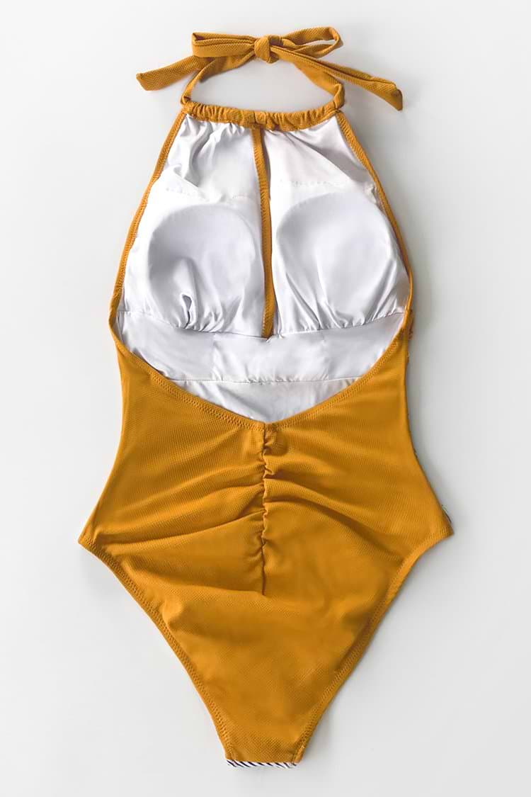 Textured and Striped Halter One Piece Swimsuit