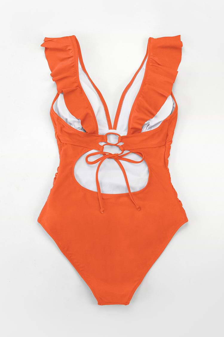 Summer Seaside Ruffled Ruched Plunge Tummy Control One Piece