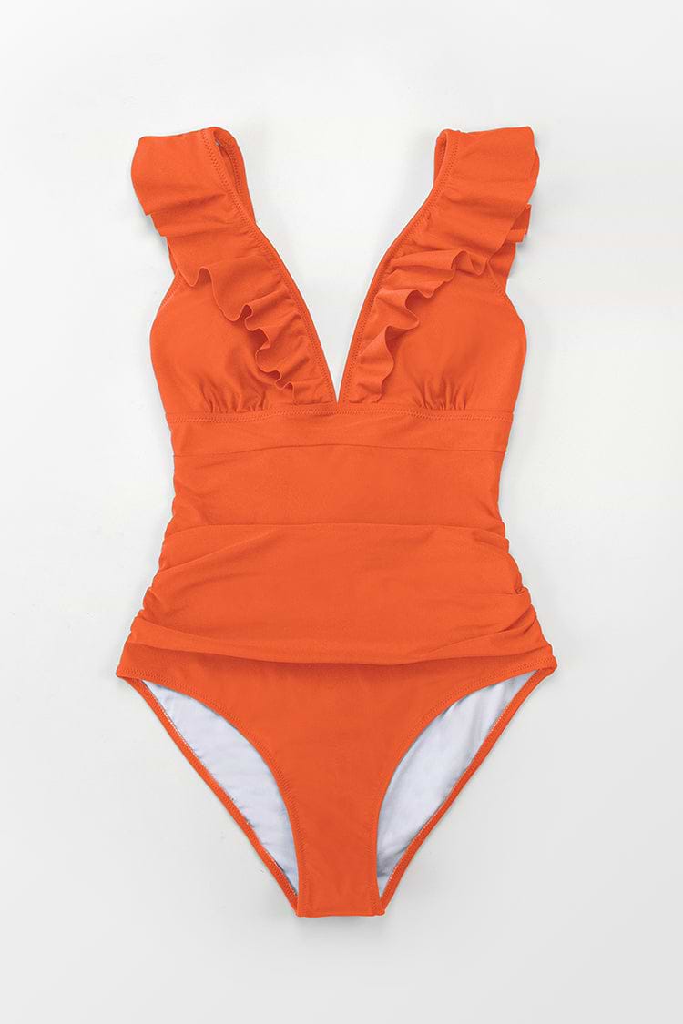 Summer Seaside Ruffled Ruched Plunge Tummy Control One Piece