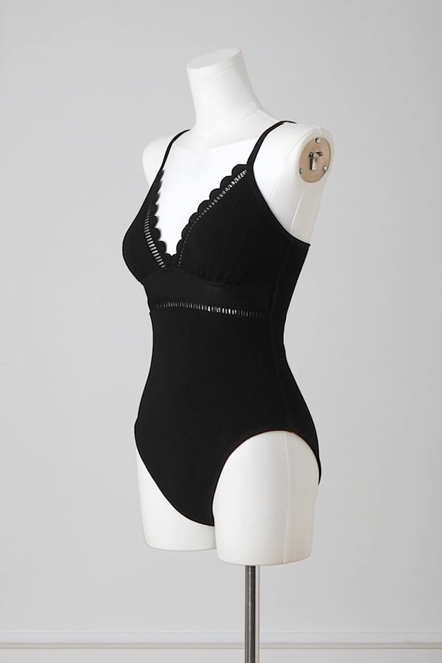Black Scalloped One Piece Swimsuit with Adjustable Straps