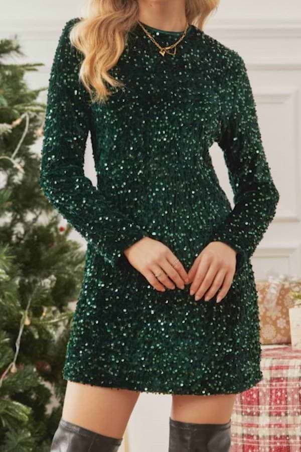 Green Sequin Embellished Long Sleeve Mini Dress | Sparkle & Shine | Cupshe Green Sequin Embellished Long Sleeve Mini Dress | Sparkle & Shine | Cupshe