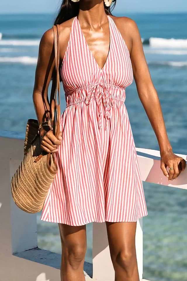 triangle cup a-line mini dress Striped Halter with Plunging Neckline for Vacation 5% Elastane Internal Structure Yuna Bandage Dresses Are Back: Cup size:D