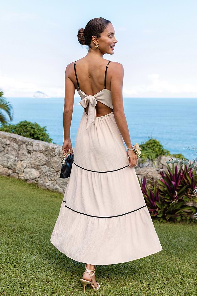 ladies beige dress Beige V-Neck Tie-Back Maxi Dress