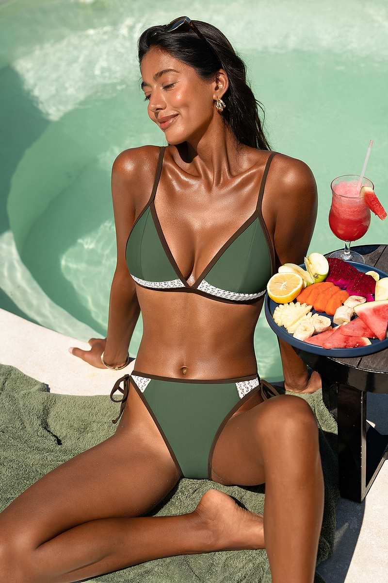 Grünes Verstellbare Träger V-Ausschnitt Bikini-Set